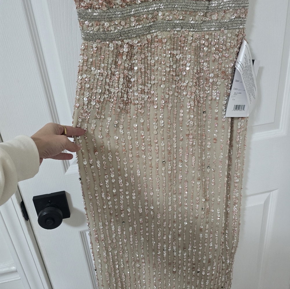 Mac Duggal Gold/pink Sequin High Neck Beaded Midi Sheath Dress New Size 4 - Picture 9 of 13